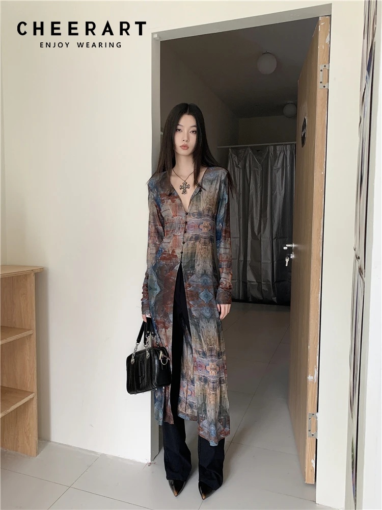 Winter Clothing Vintage - CHEERART 여성용 빈티지 유화 메쉬 X-롱