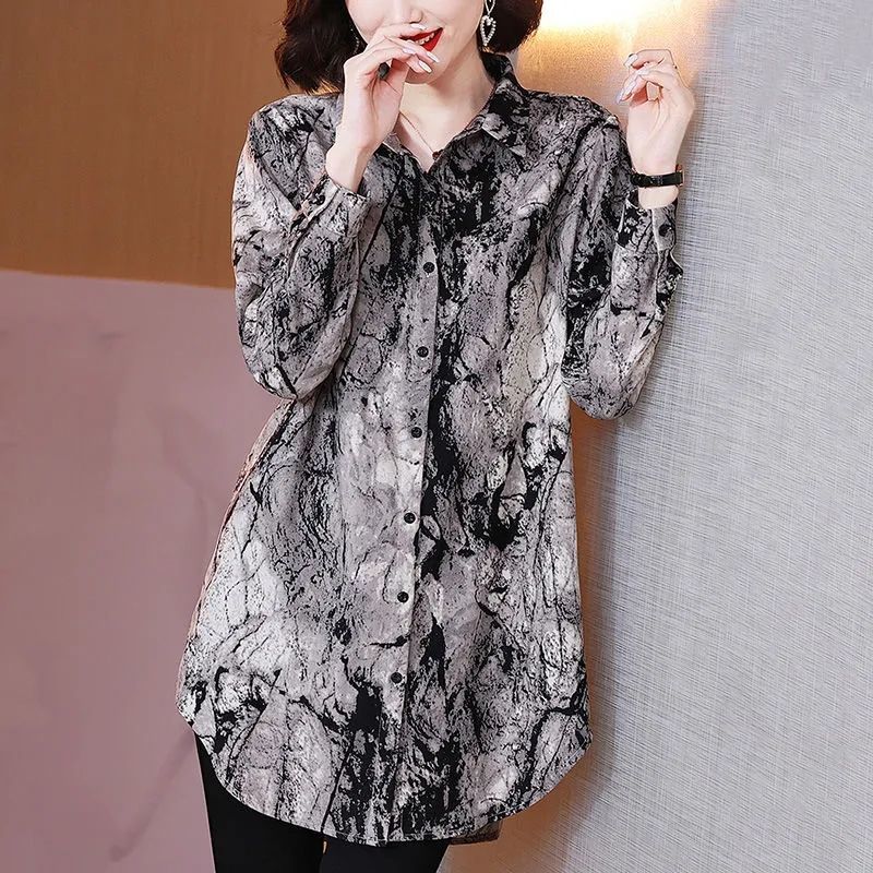Winter Clothing Vintage - 빈티지 프린트 라펠 버튼 오버사이즈 셔츠