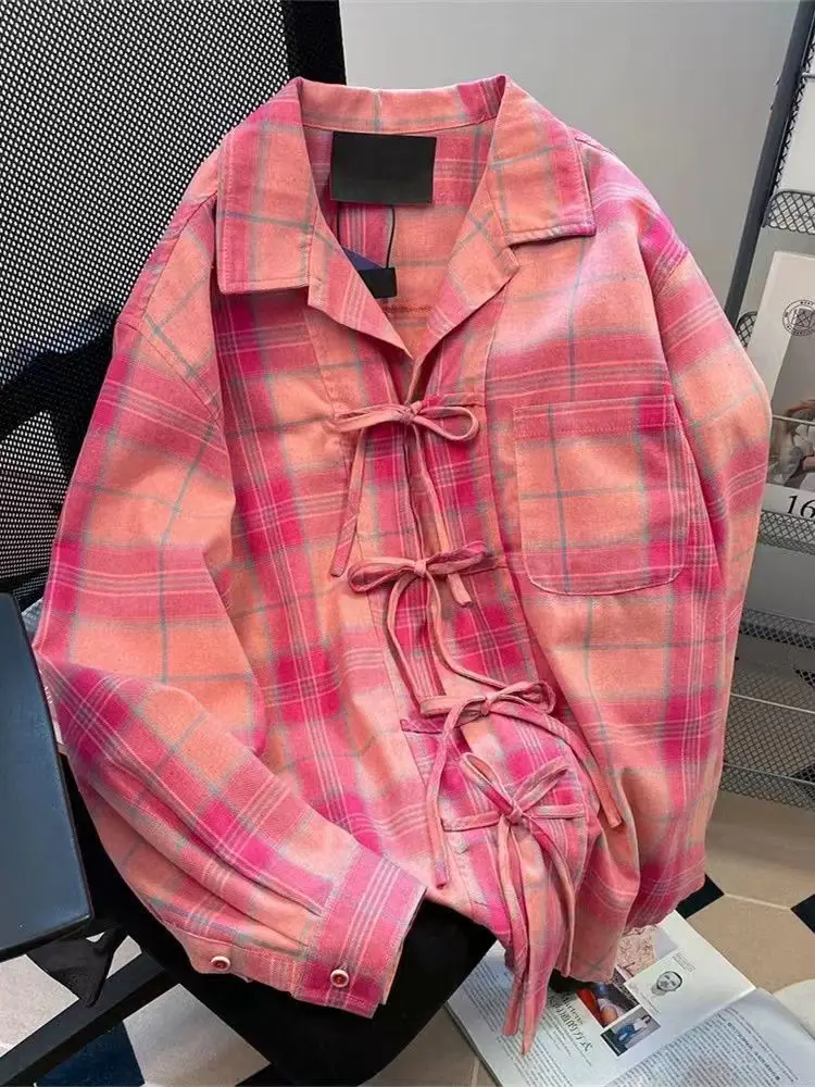 Winter Clothing Vintage - Y2K 아메리칸 빈티지 핑크 플래드 셔츠