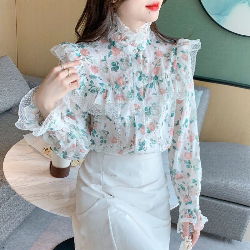 빈티지 프린트 거즈 플로럴 플레어 슬리브 시폰 셔츠 여 - Winter Clothing Vintage 리뷰 및 가격