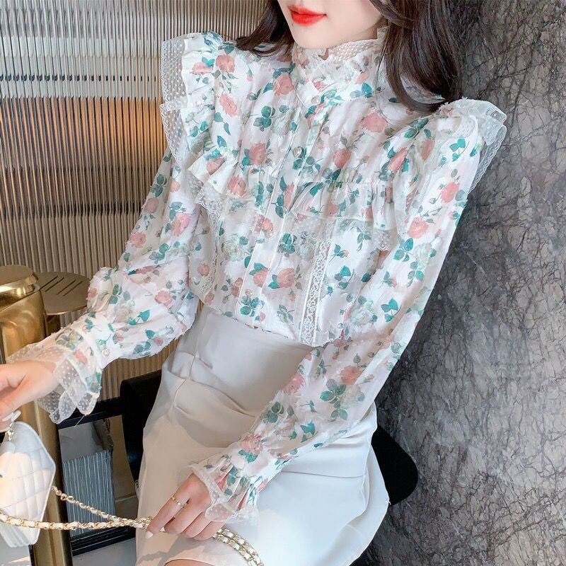 빈티지 프린트 거즈 플로럴 플레어 슬리브 시폰 셔츠 여 - Winter Clothing Vintage 리뷰 및 가격