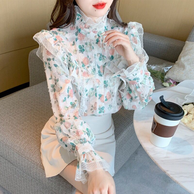 빈티지 프린트 거즈 플로럴 플레어 슬리브 시폰 셔츠 여 - Winter Clothing Vintage 리뷰 및 가격