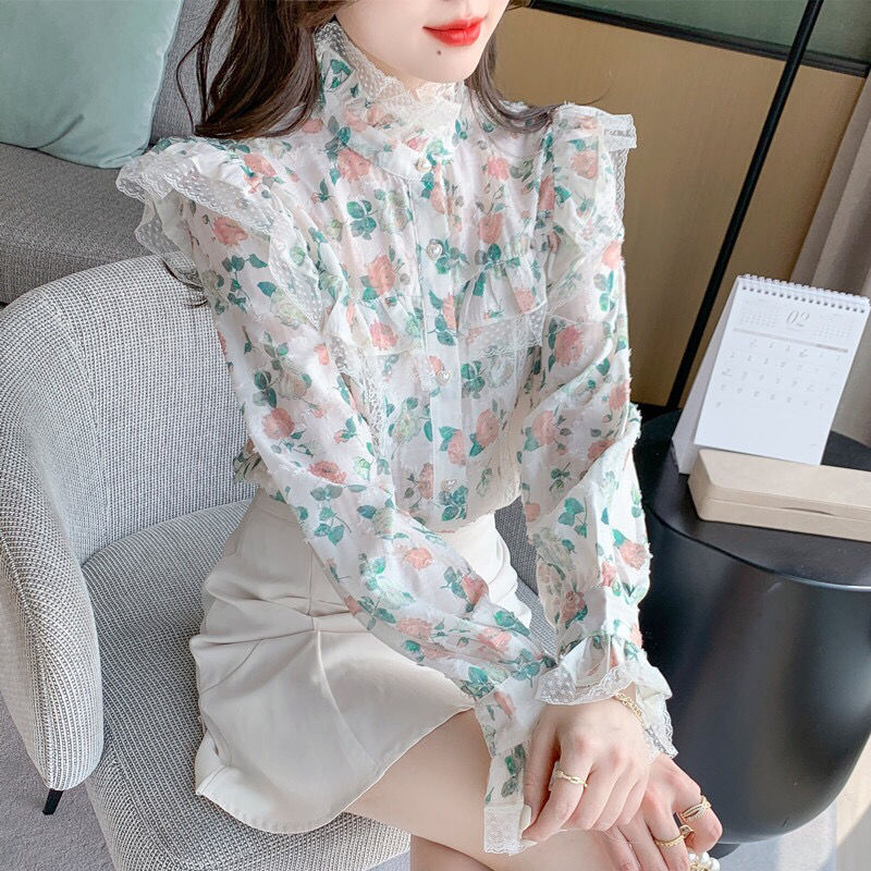 빈티지 프린트 거즈 플로럴 플레어 슬리브 시폰 셔츠 여 - Winter Clothing Vintage 리뷰 및 가격