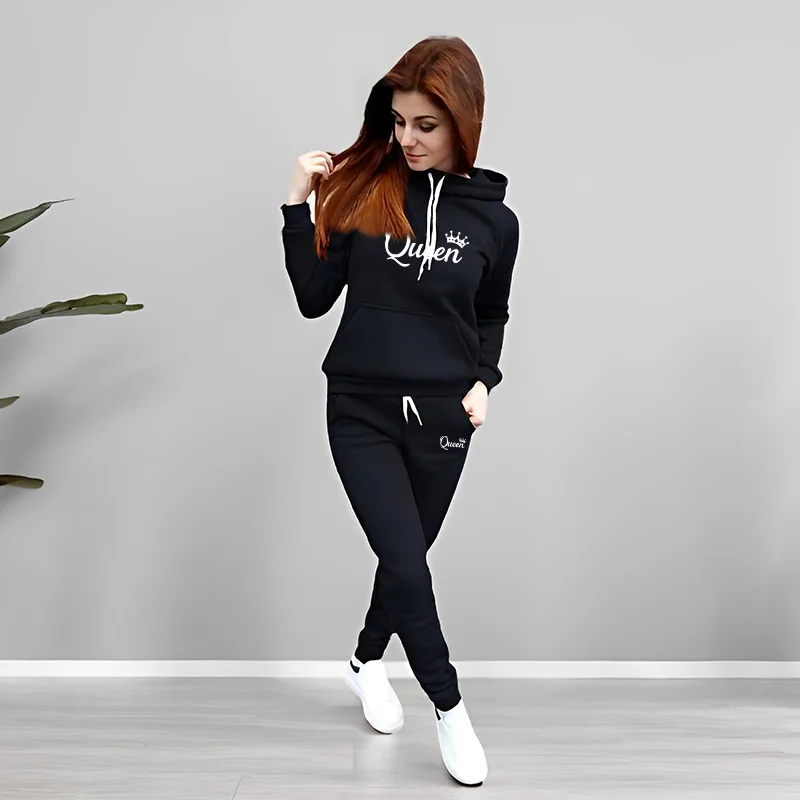 여성 트랙수트 퀸 레터 프린팅 후드 스웨트셔츠 세트 고 - Winter Clothing Outfits 리뷰 및 가격