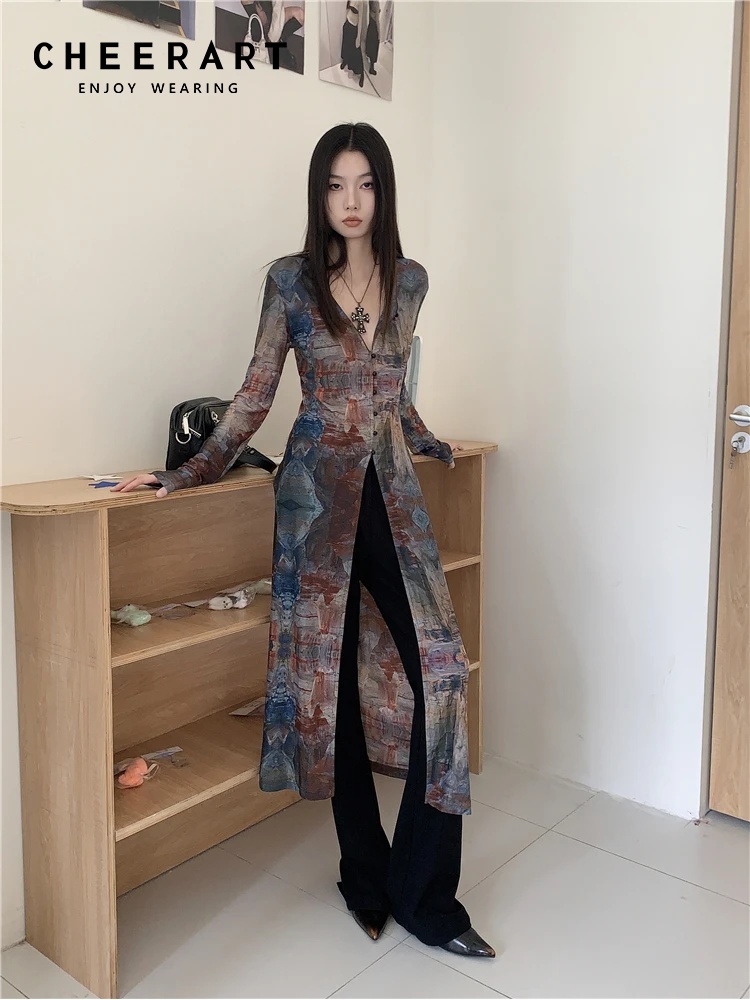 CHEERART 여성용 빈티지 유화 메쉬 X-롱 셔츠, - Winter Clothing Vintage 리뷰 및 가격