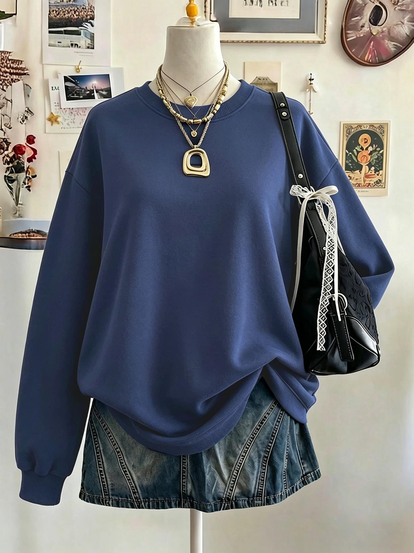 클리어런스 세일 중 여성 캐주얼 라운드 넥 블랙 스웨트 - Winter Clothing On Sale 리뷰 및 가격
